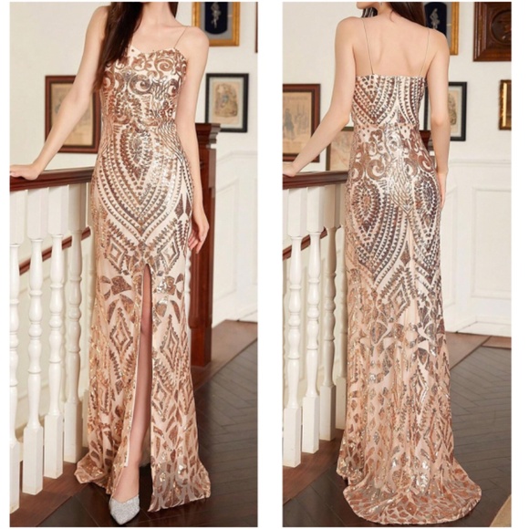 Luxe Gold Sequin Split Thigh Formal Party Evening Wedding Dress - Picture 2 of 2